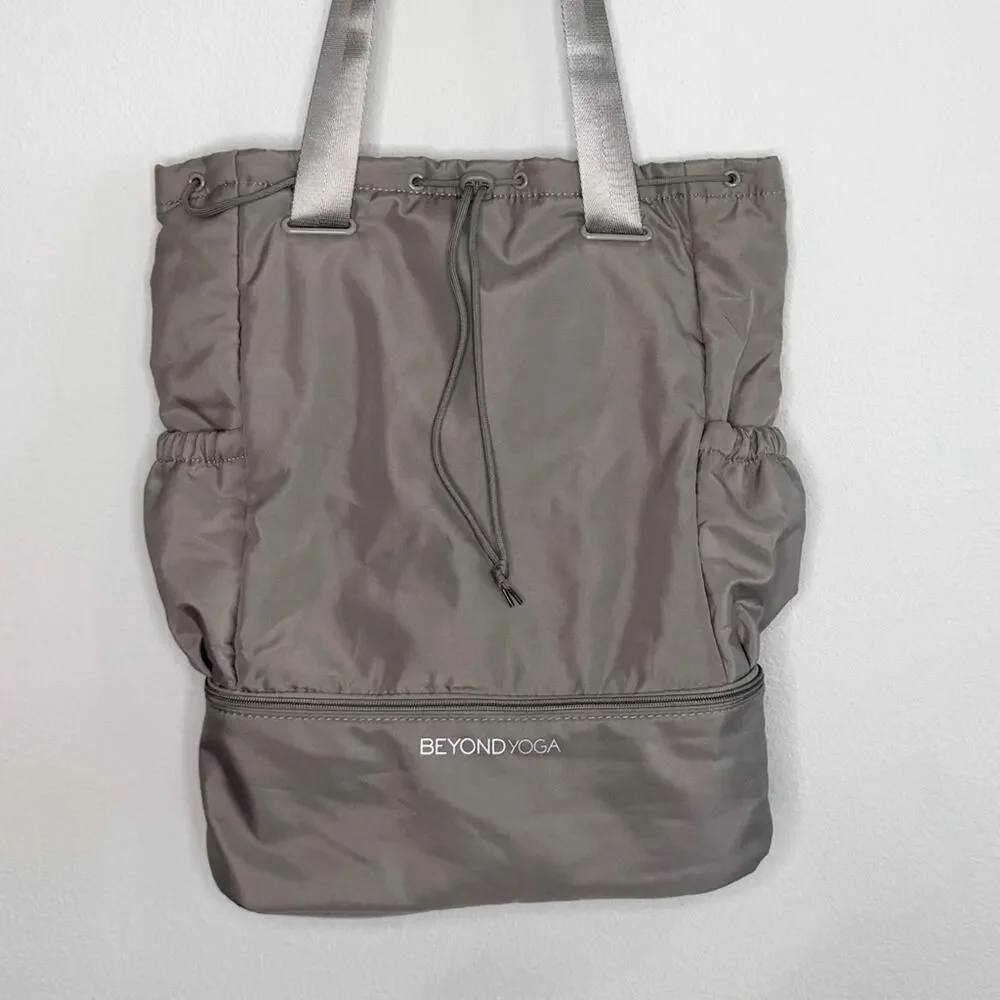 Beyond Yoga Taupe Drawstring Top Backpack with Lower Zip Compartment